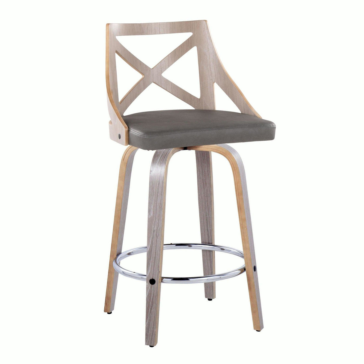 Charlotte - Fixed-Height Counter Stool (Set of 2) - Light Gray Wood, Gray Faux Leather, Chrome Metal