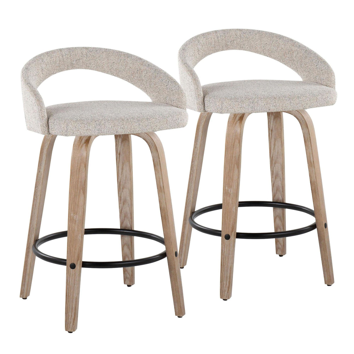 Grotto - Upholstered Fixed-Height Counter Stool (Set of 2) - Whitewashed Wood, Black Metal