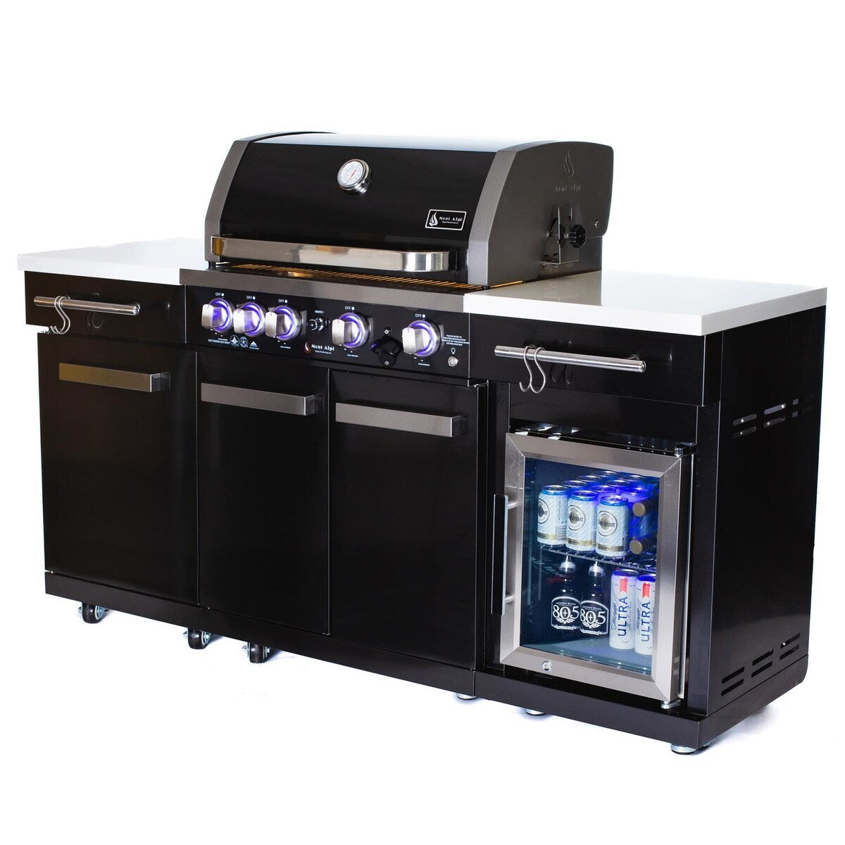 Mont Alpi Compact Series 6 Ft Propane Outdoor Kitchen Island w/ Fridge in Black Stainless Steel - MA-957FC