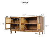 Retro Industrial 4 Door Sideboard With Large Storage, Rattan And Glass Doors