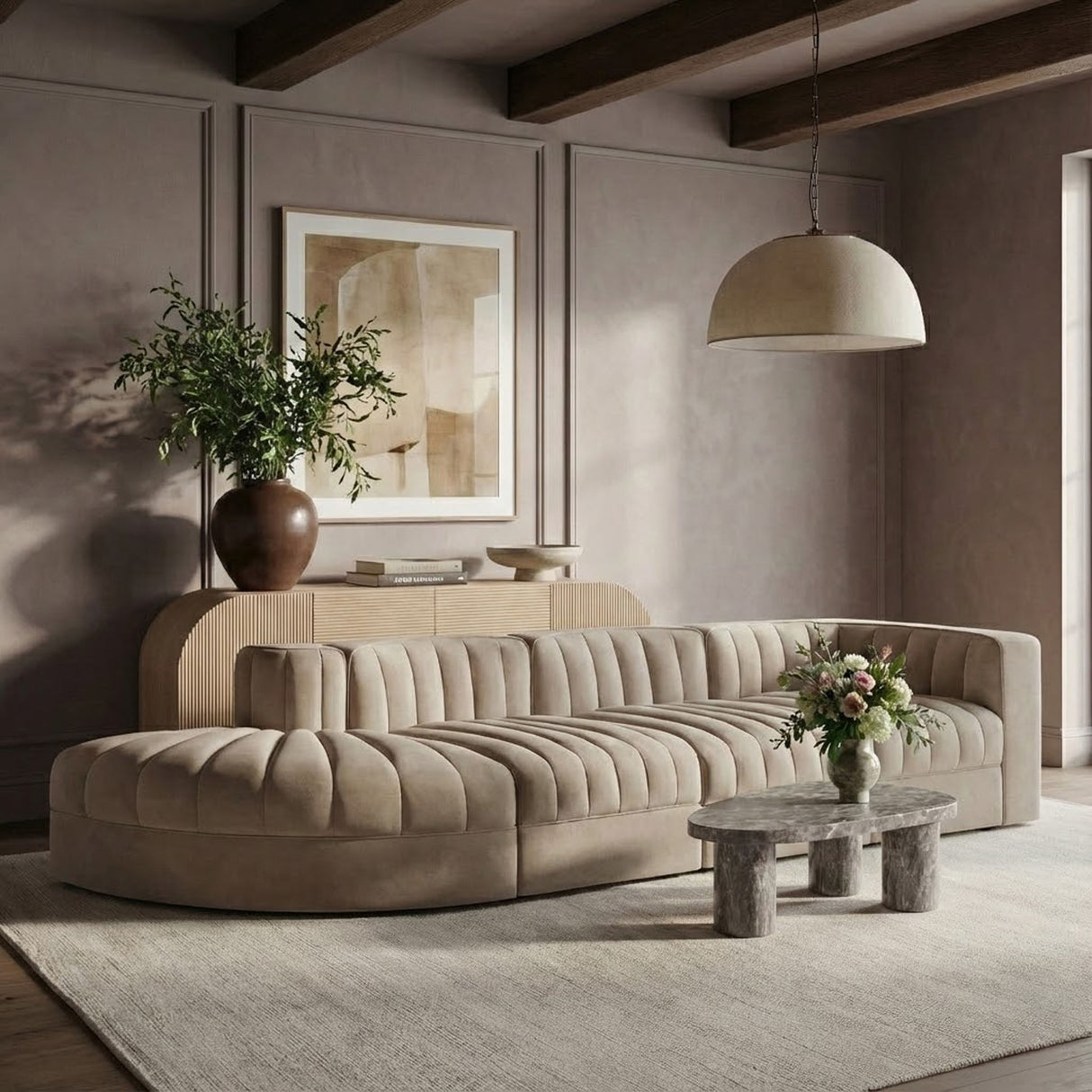 Rummi - Velvet Performance Fabric Upholstered 4 Piece Modular Sectional With Reverse Corner Chair