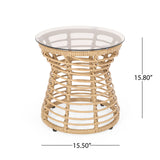 San Pedro - Boho Style Side Table With Tempered Glass Top - Light Brown Rattan