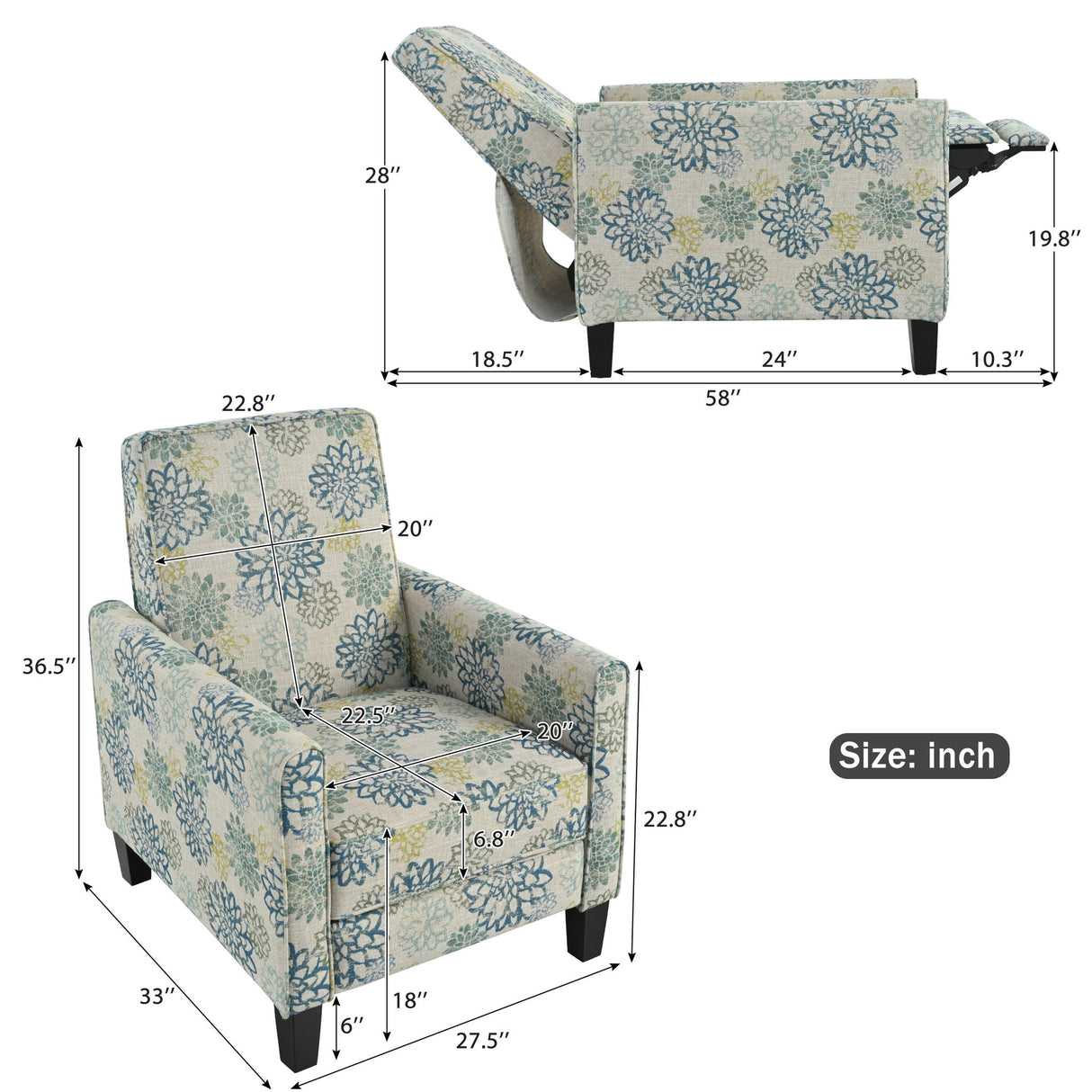 Push Back Upholstered Recliner Armchair
