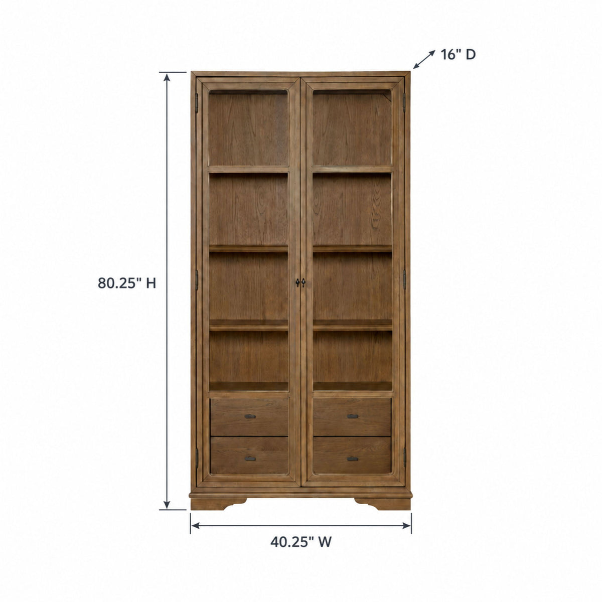 Tall Display Cabinet With Glass Doors And Drawers - Almond