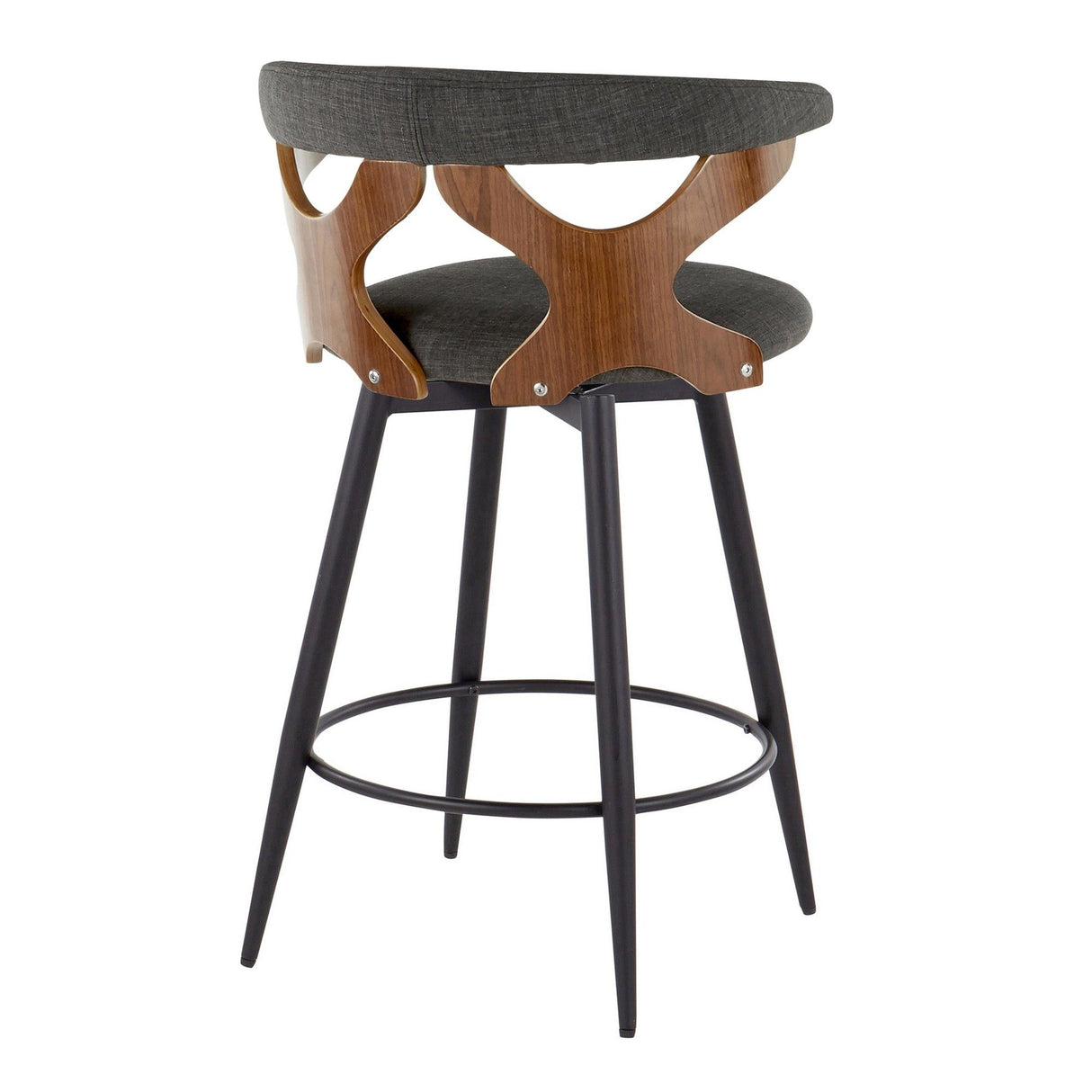 Gardenia - 25" Fixed-Height Counter Stool With Swivel And Rounded Black Metal Footrest (Set of 2) - Black Metal, Walnut Wood