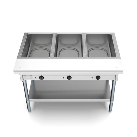 Three Pan Open Well Electric Steam Table with Undershelf, KM-OWS-3.
