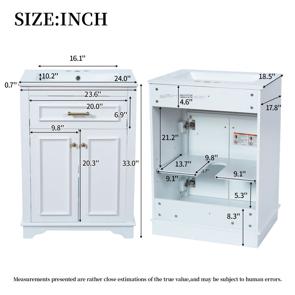 Bathroom Vanity With Integrated Sink, 2 Door Cabinet With Tip Out Drawer, Rectangular Design