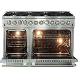 Forno Galiano FFSGS615648 48 Inch Freestanding Dual Fuel Range with 8 Sealed Burners, 6.58 cu. ft. Total Capacity, Continuous Cast Iron Grates, Griddle, and LP Conversion Kit Included: Stainless Steel