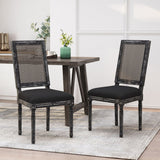 French Country Dining Chair With Rectangular Cane Backrest And Smooth Upholstered Seating