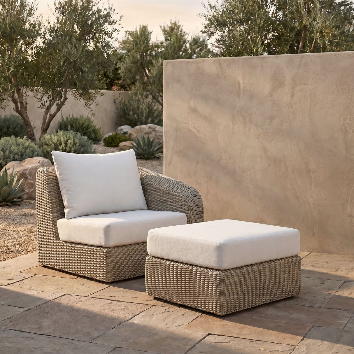 Seacrest - Olefin Water Resistant Fabric And Wicker Outdoor Patio Ottoman/Coffee Table