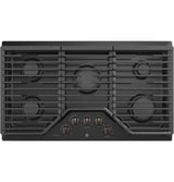GE Profile PGP7036BMTS 36 inch built-in gas cooktop in black stainless steel top view