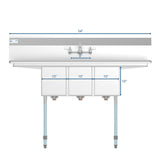 54 in. Three Compartment Stainless Steel Commercial Sink with Faucet and Drainboards, Bowl Size 10"x 10"x 14" SC101410-12B3FA .