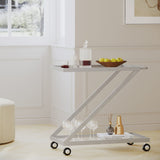 Modern Z Shaped Bar Cart With Tempered Glass Shelves - Silver
