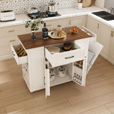 Rustic Movable Kitchen Island On Wheels With Storage & Power Outlet - White