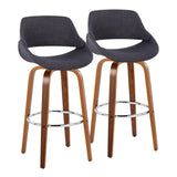 Fabrizzi - 30" Fixed-Height Barstool With Swivel And Round Chrome Metal Footrest (Set of 2) - Walnut Wood