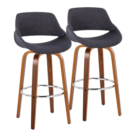 Fabrizzi - 30" Fixed-Height Barstool With Swivel And Round Chrome Metal Footrest (Set of 2) - Walnut Wood