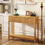 Mid-Century Modern Fluted Console Table With 2 Drawers & Open Shelf, Oak Finish Narrow Entryway Table, Slim Sofa Table For Hallway, Living Room, Small Spaces, Easy Assembly