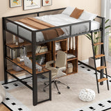 Full Size Loft Bed With Built In Desk, Wardrobe, And Shelves - Black