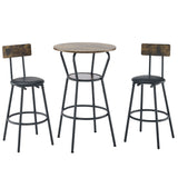 Rustic Brown Round Bar Table And Stool Set With Shelf, Upholstered Stool With Backrest - Antique Brown