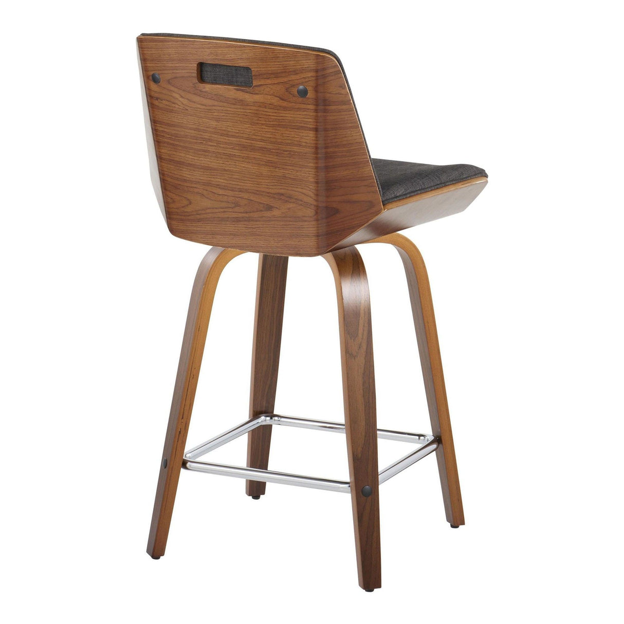 Corazza - Mid-Century Modern Fixed-Height Swivel Counter Stool (Set of 2) - Walnut Wood / Charcoal Fabric With Square Chrome Metal Footrest