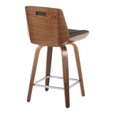 Corazza - Mid-Century Modern Fixed-Height Swivel Counter Stool (Set of 2) - Walnut Wood / Charcoal Fabric With Square Chrome Metal Footrest