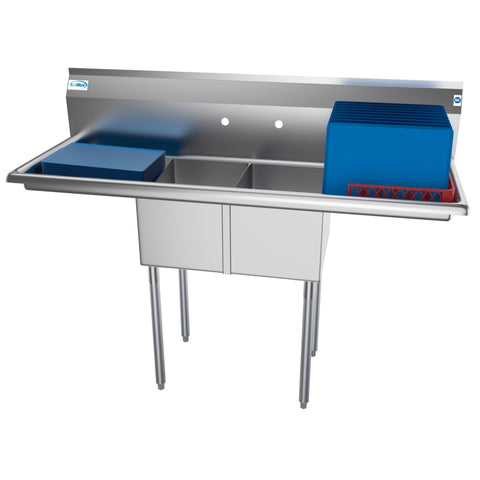 56 in. Two Compartment Stainless Steel Commercial Sink with 2 Drainboards, Bowl Size 12"x 16"x 10" SB121610-16B3.