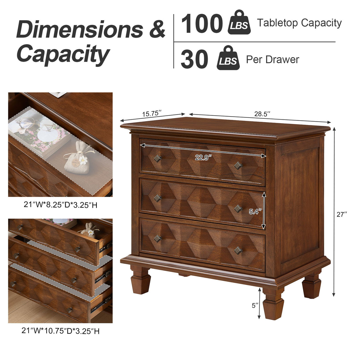 Nightstand With Charging Station, 3 Drawer Bedside Table - Walnut