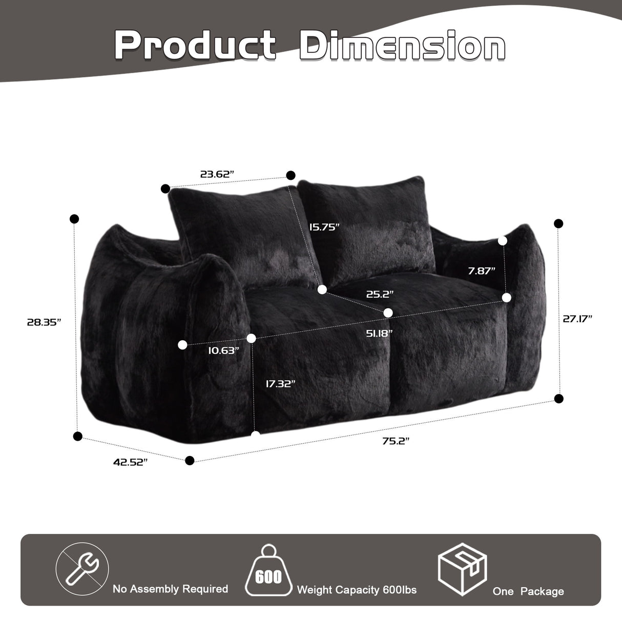 Giant Bean Bag Couch, Ultra Soft Fluffy Loveseat For Living Room