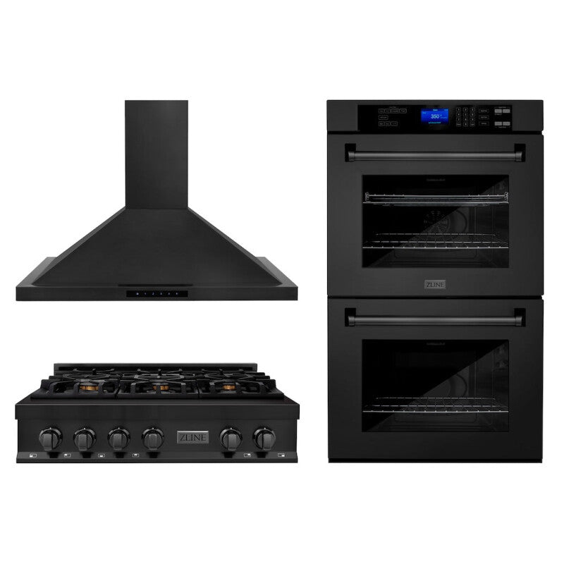 Kitchen Package with 36 in. Black Stainless Steel Rangetop, 36 in. Convertible Range Hood and Double Wall Oven - (3KPRTBRH36AWD) -