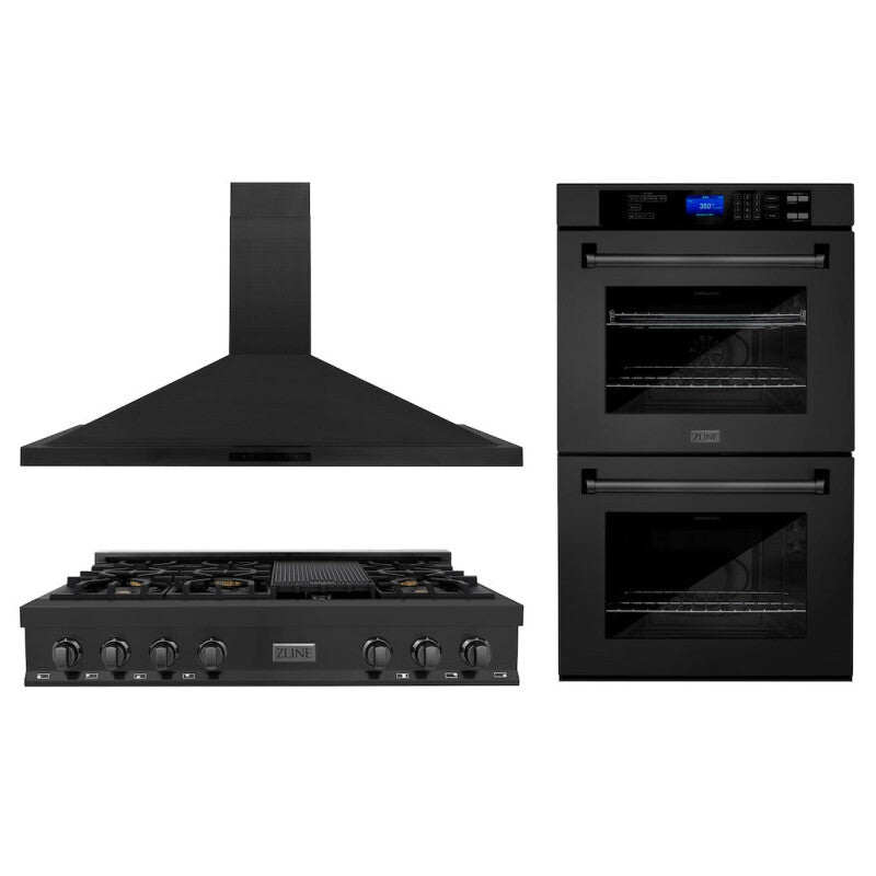 Kitchen Package with 48 in. Black Stainless Steel Rangetop, 48 in. Convertible Range Hood and Double Wall Oven - (3KPRTBRH48AWD) -