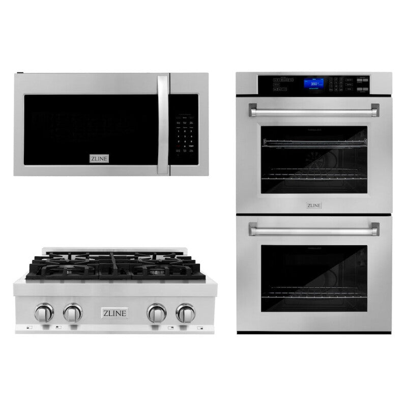 Kitchen Package with 30 in. Stainless Steel Rangetop, 30 in. Over The Range Microwave with Modern Handle and Double Wall Oven - (3KPRTOTR30AWD) -