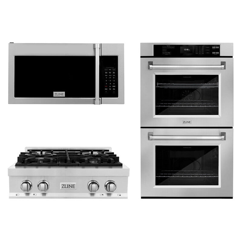 Kitchen Package with 30 in. Stainless Steel Rangetop, 30 in. Over The Range Microwave with Traditional Handle and Double Wall Oven - (3KPRTOTRH30AWD) -
