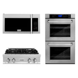Kitchen Package with 30 in. Satin Stainless Steel Rangetop, 30 in. Over The Range Microwave with Modern Handle and Double Wall Oven - (3KPRTSOTR30AWD) -