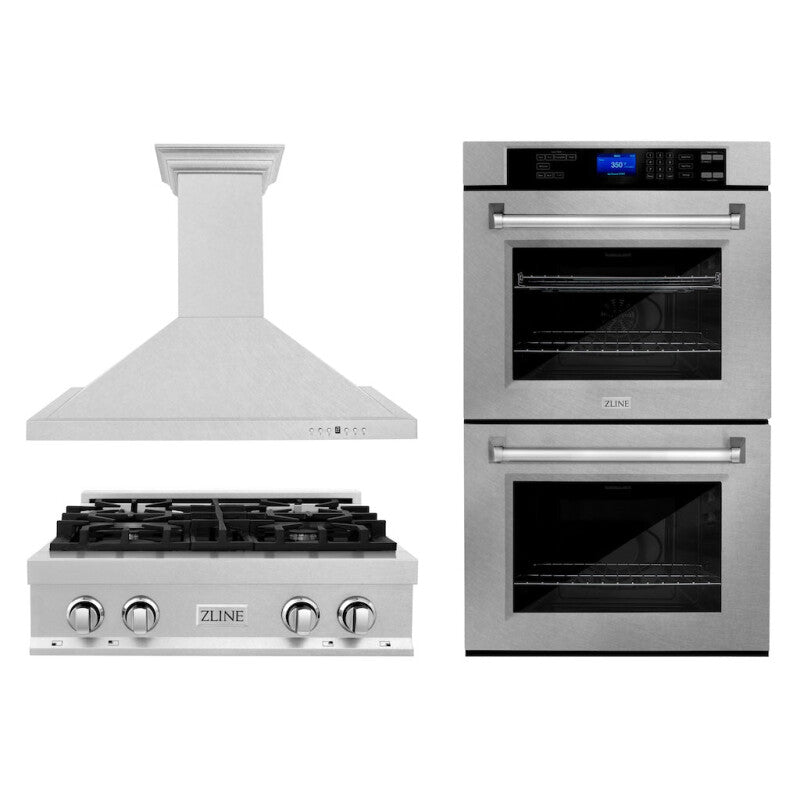 Kitchen Package with 30 in. Satin Stainless Steel Rangetop, 30 in. Convertible Range Hood and Double Wall Oven - (3KPRTSRH30AWD) -