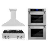 Kitchen Package with 30 in. Satin Stainless Steel Rangetop, 30 in. Convertible Range Hood and Double Wall Oven - (3KPRTSRH30AWD) -