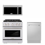 30 in. Kitchen Package with Stainless Steel GAs Range, Traditional Over The Range Microwave and Tall Tub Dishwasher - (3KPSGROTRH30DWV) -