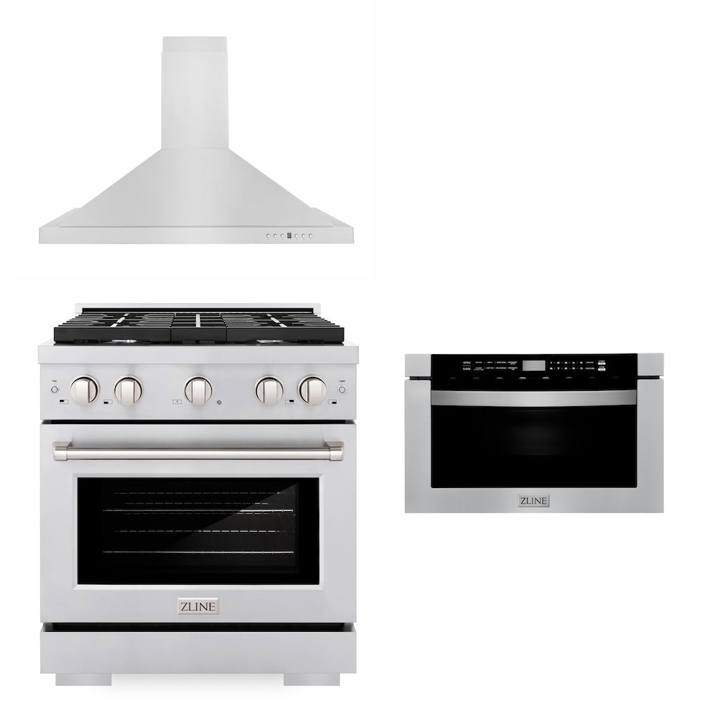 30 in. Kitchen Package with Stainless Steel Gas Range, Convertible Vent Range Hood and Microwave Drawer - (3KPSGRRH30MW) -