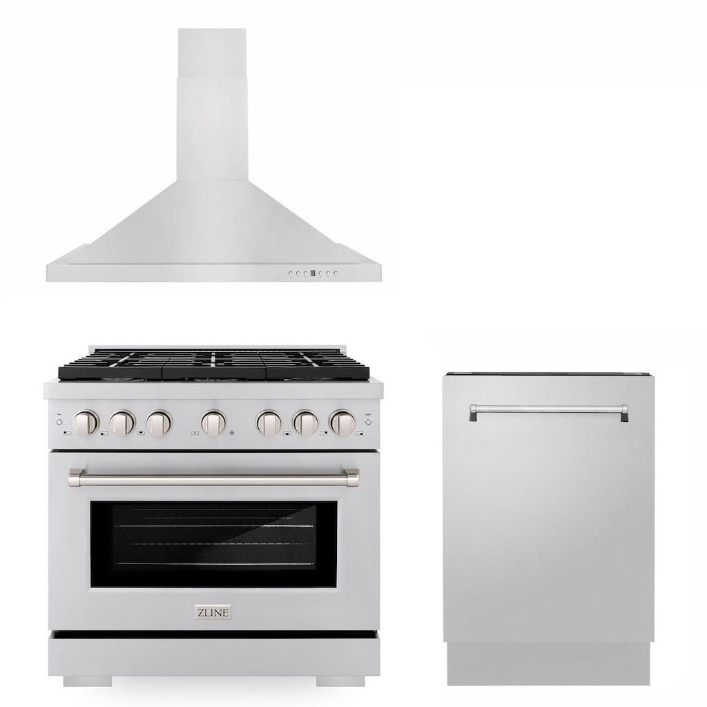 36 in. Kitchen Package with Stainless Steel Gas Range, Convertible Vent Range Hood and Tall Tub Dishwasher - (3KPSGRRH36DWV) -