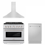 36 in. Kitchen Package with Stainless Steel Gas Range, Convertible Vent Range Hood and Tall Tub Dishwasher - (3KPSGRRH36DWV) -