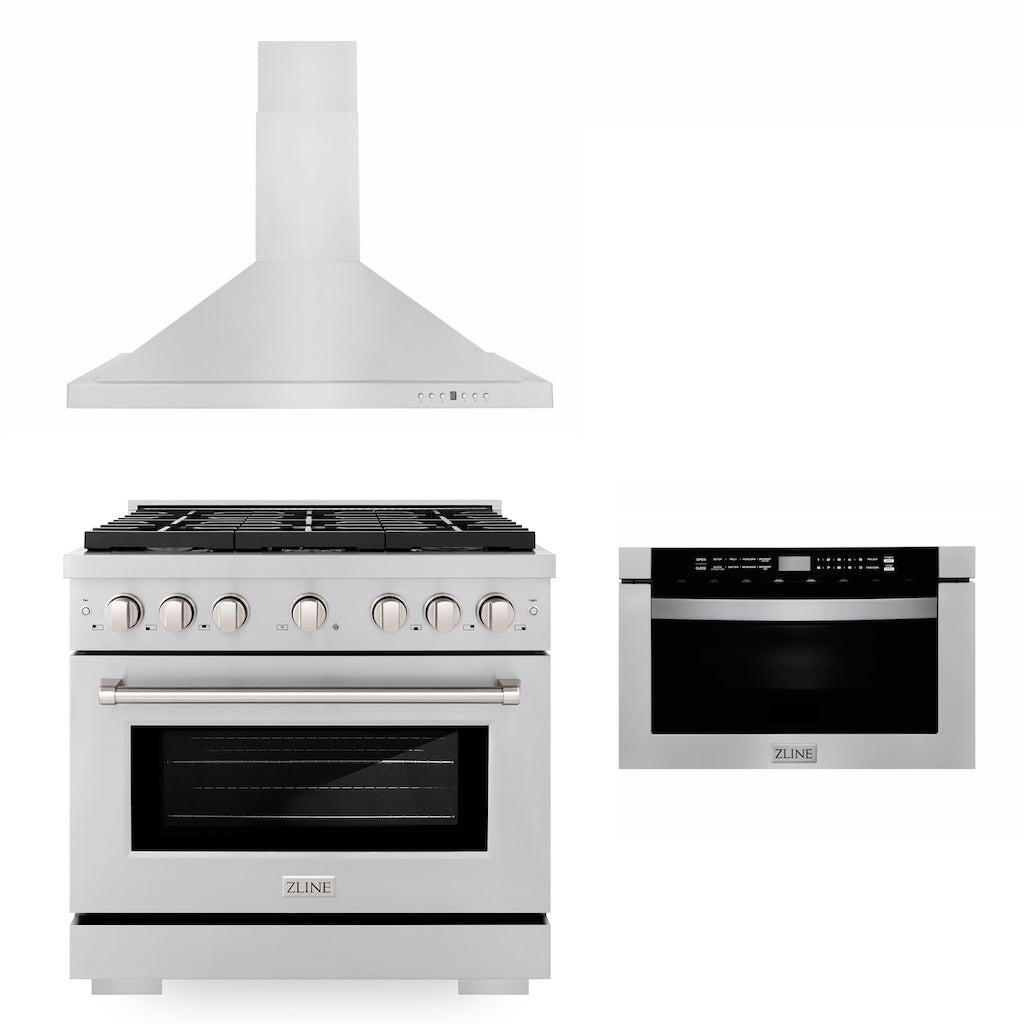 36 in. Kitchen Package with Stainless Steel Gas Range, Convertible Vent Range Hood and Microwave Drawer - (3KPSGRRH36MW) -