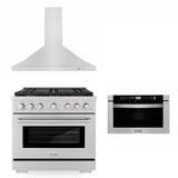 36 in. Kitchen Package with Stainless Steel Gas Range, Convertible Vent Range Hood and Microwave Drawer - (3KPSGRRH36MW) -