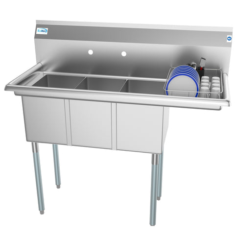 45 in. Three Compartment Stainless Steel Commercial Sink with Drainboard, Bowl Size 10"x 14"x 10" SC101410-12R3.
