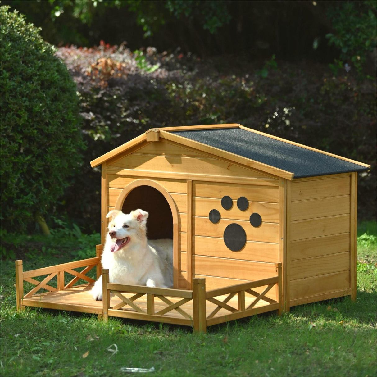 Wooden Dog House Outdoor With Porch, Dog Kennel With Water Resistant Asphalt Roof And Fencing, Indoor & Outdoor Dog Crate With Paw Print, Medium - Nature
