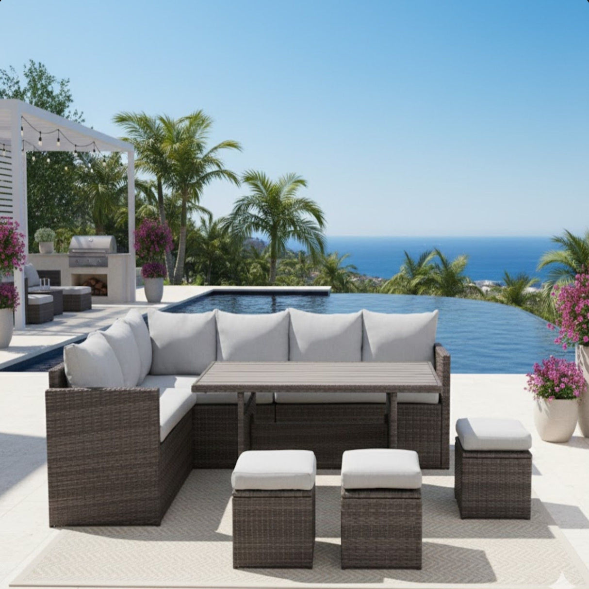 7 Piece All Weather Patio Dining Set With Cushions, Sectional Sofa, Ottomans & Table For Backyard - Gray / Brown