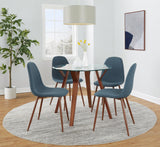 Folia - Round Pebble Mid-Century Modern 5 Piece Dining Room Set - Walnut Wood, Round Clear Tempered Glass, Walnut Metal / Blue Fabric