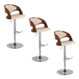 Pino - Adjustable Barstool With Swivel (Set of 3) - Chrome Metal, Walnut Wood And Cream Faux Leather With Rounded T Footrest