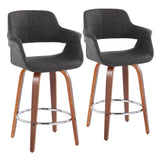 Vintage Flair - Mid-Century Modern Fixed-Height Swivel Counter Stool (Set of 2) - Walnut Wood And Charcoal Fabric With Round Chrome Metal Footrest