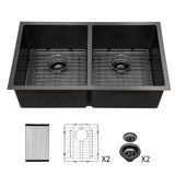 Double Bowl Undermount Kitchen Sink 16 Gauge 33" X 19" With Dual 10" Deep Basins - Gunmetal Black
