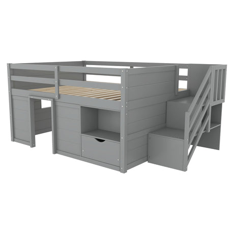 Low Loft Bed Frame With Built In Stairs, Storage Drawer, Shelf And 7 Color LED Light