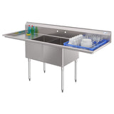 84 in. 18-Gauge 2-Compartment Commercial Sink with Backsplash and 24 in. Dual Drainboards, Bowl dimensions 18"x24"x14" in Stainless-Steel (KM-SB182414-24B3)